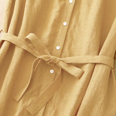 Buddha Stones Summer Plain Lace-up Button Front Design Lapel Sleeveless Knee Length Dress - image 3