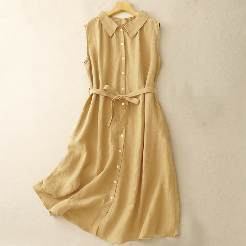 Buddha Stones Summer Plain Lace-up Button Front Design Lapel Sleeveless Knee Length Dress - Goldenrod - US12，UK/AU16，EU44 (2XL) - image 0