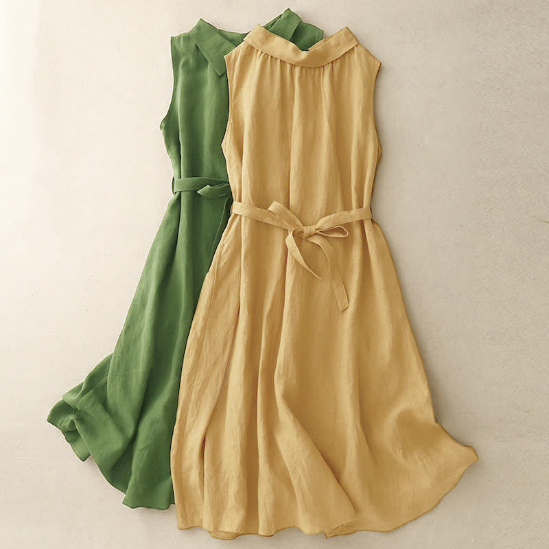 Buddha Stones Summer Plain Lace-up Button Front Design Lapel Sleeveless Knee Length Dress - image 14