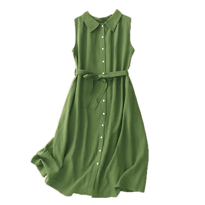 Buddha Stones Summer Plain Lace-up Button Front Design Lapel Sleeveless Knee Length Dress - image 13