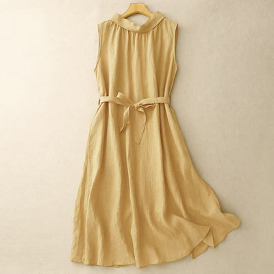 Buddha Stones Summer Plain Lace-up Button Front Design Lapel Sleeveless Knee Length Dress - image 1