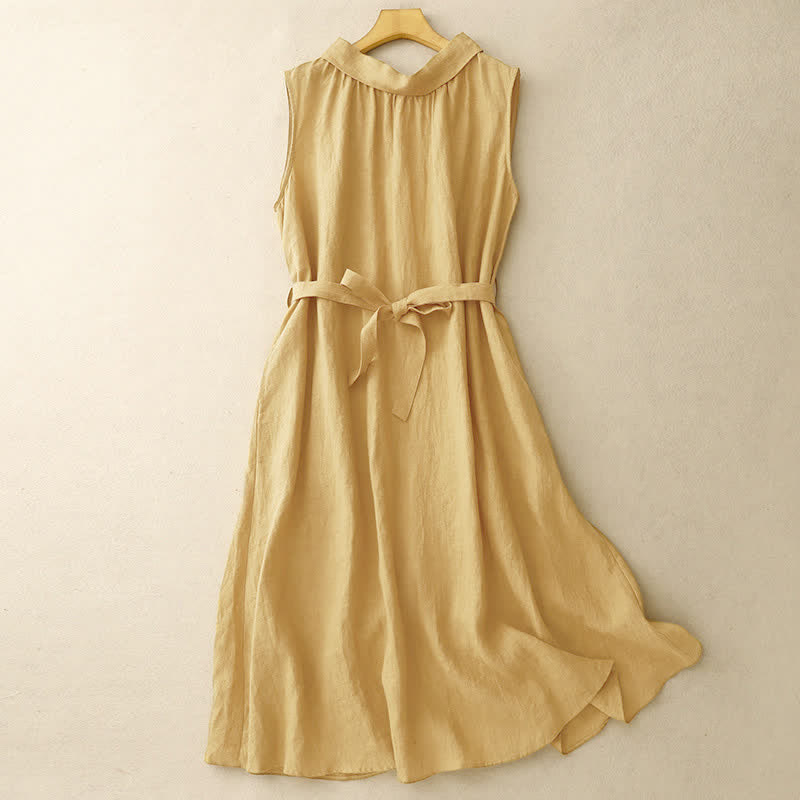 Buddha Stones Summer Plain Lace-up Button Front Design Lapel Sleeveless Knee Length Dress - image 1