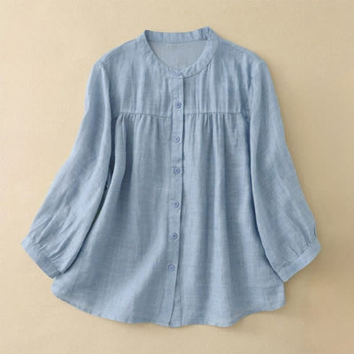 Buddha Stones Plain Crew Neck Buttons Design Three Quarter Sleeve Women's Shirt - LightSkyBlue - US14，UK/AU18，EU46 (3XL) - image 5