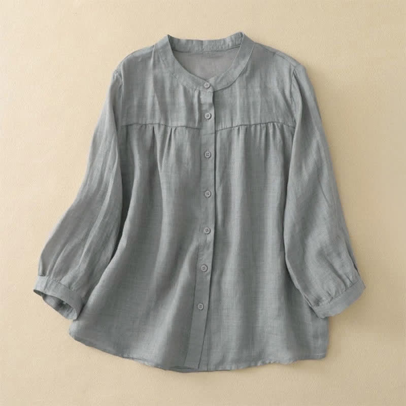 Buddha Stones Plain Crew Neck Buttons Design Three Quarter Sleeve Women's Shirt - Gray - US14，UK/AU18，EU46 (3XL) - image 0