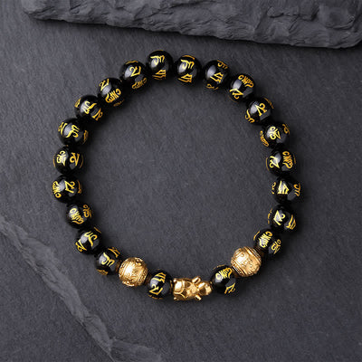 Buddha Stones Natural Black Onyx Beaded Om Mani Padme Hum Turtle Strength Bracelet - image 1