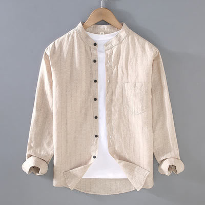 Buddha Stones Spring Summer Casual Tang Style Mandarin Collar Striped Linen Men's Long Sleeve Shirts With Pocket - Khaki - US/UK/AU42，EU52 (3XL) - image 2