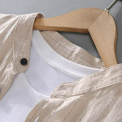 Buddha Stones Spring Summer Casual Tang Style Mandarin Collar Striped Linen Men's Long Sleeve Shirts With Pocket - image 4