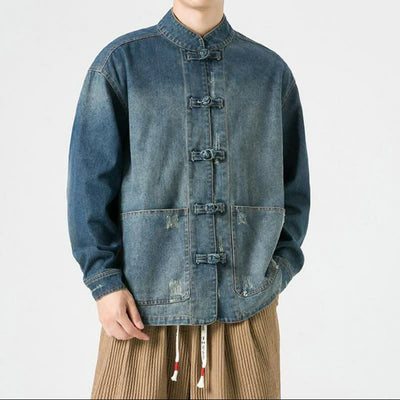 Buddha Stones Fall Vintage Tang Style Mandarin Collar Washed Solid Men's Jackets With Pocket - SteelBlue - US/UK/AU42，EU52 (3XL) - image 1