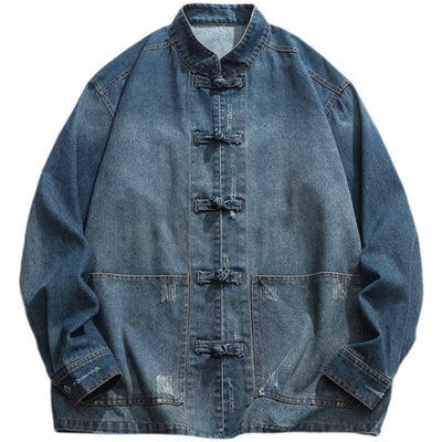 Buddha Stones Fall Vintage Tang Style Mandarin Collar Washed Solid Men's Jackets With Pocket - image 0