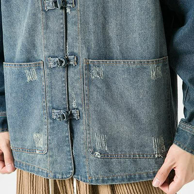 Buddha Stones Fall Vintage Tang Style Mandarin Collar Washed Solid Men's Jackets With Pocket - image 5