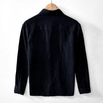 Buddha Stones Fall Casual Vintage Button-Up Patch Solid Ramie Men's Long Sleeve Shirts With Pocket - image 13