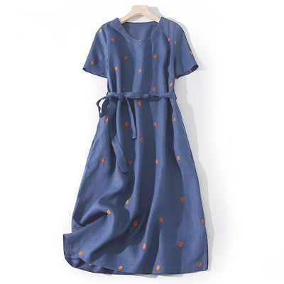 Buddha Stones Casual Dot Pattern Short Sleeve Lace-up Women's Midi Dress With Pockets - DarkBlue - US8-10，UK/AU12-14，EU40-42 (2XL) - image 0