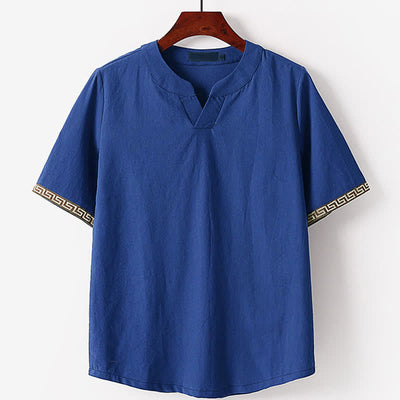 Buddha Stones Summer Embroidered Short Sleeve Notched Collar Men's Cotton Linen T-Shirt - SteelBlue - US/UK/AU56，EU66(9XL) - image 0