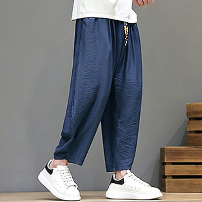 Buddha Stones Summer Casual Minimalist Drawstring Solid Cropped Pants Men's Harem Pants With Pocket - image 5