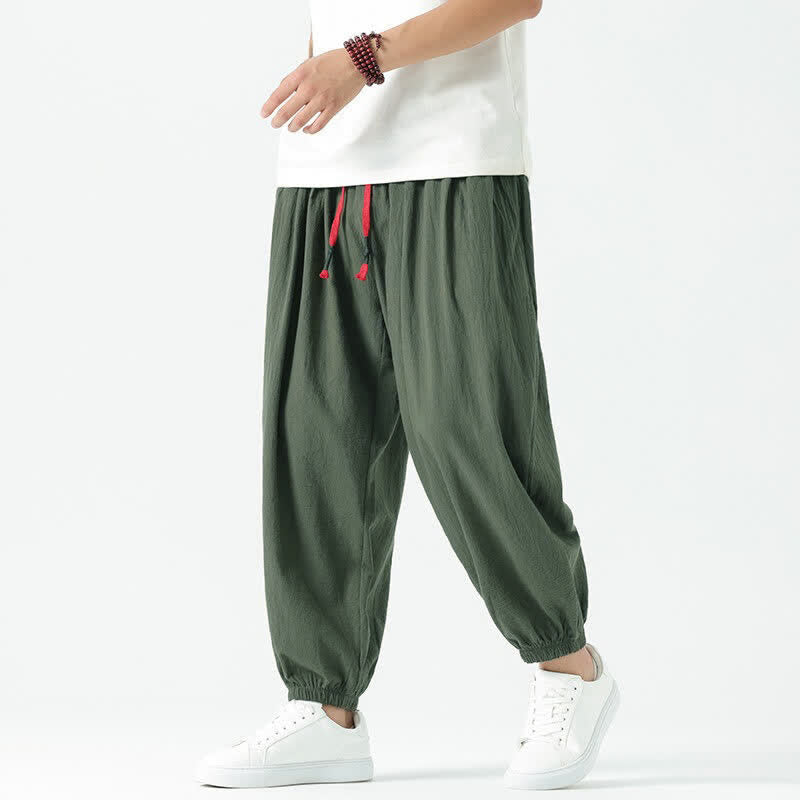 Buddha Stones Summer Casual Boho Drawstring Solid Cotton Cropped Pants Men's Harem Pants With Pocket - DarkOliveGreen - US/UK/AU46, EU56 (5XL) - image 28