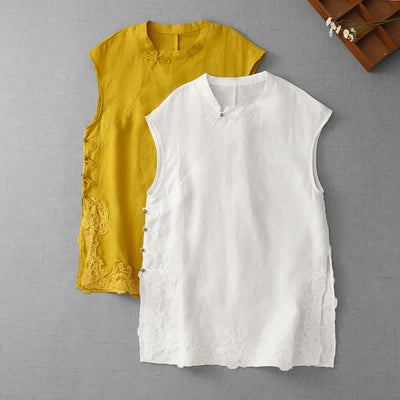 Buddha Stones Chinese Frog-Button Lace Patchwork Design Stand Collar Women's Cotton Sleeveless Vest - image 19