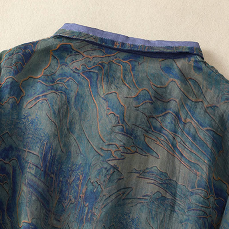 Buddha Stones Summer Floral Print Button Up Mandarin Collar Chiffon Women's Elbow-Length Sleeve Shirt - image 3