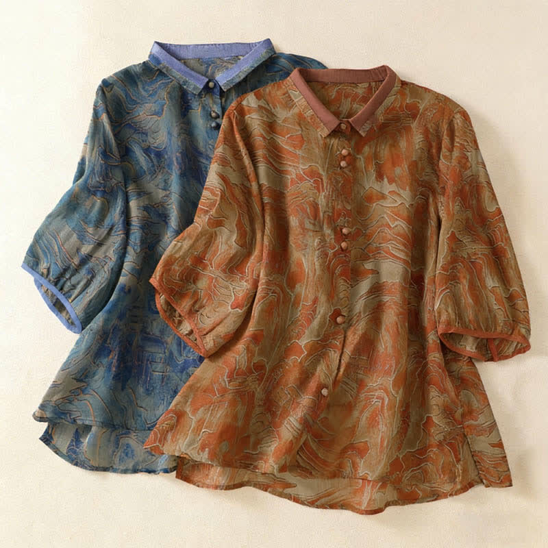 Buddha Stones Summer Floral Print Button Up Mandarin Collar Chiffon Women's Elbow-Length Sleeve Shirt - image 15