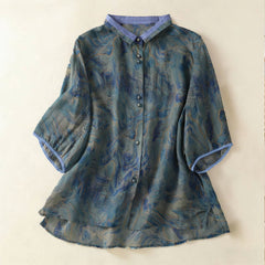 Buddha Stones Summer Floral Print Button Up Mandarin Collar Chiffon Women's Elbow-Length Sleeve Shirt - CadetBlue - US8-10，UK/AU12-14，EU40-42 (2XL) - image 0
