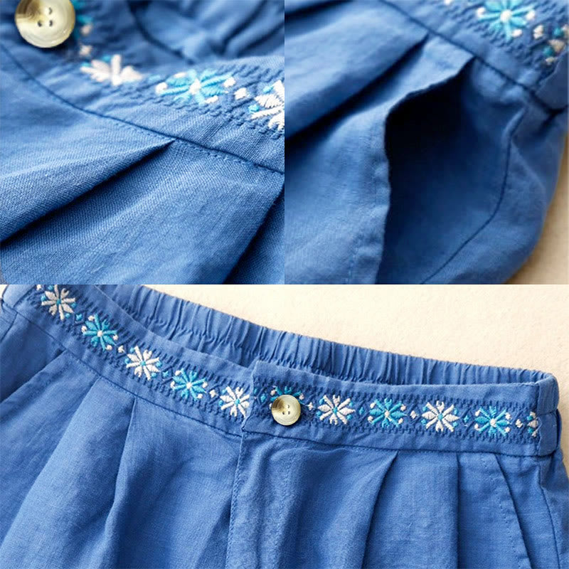 Buddha Stones Summer Casual Embroidery Flower Pleated Zipper Button Polyester Women's Shorts With Pockets - image 1