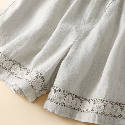 Buddha Stones Plain Color Bottom Hollow Lace Design Lace-up Cotton Women's Shorts With Pockets - image 7