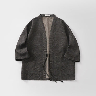 Buddha Stones Fall Casual Minimalist Drawstring Solid Cotton Linen Men's Kimono With Pockets - image 3
