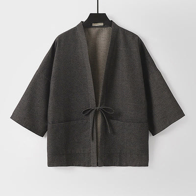 Buddha Stones Fall Casual Minimalist Drawstring Solid Cotton Linen Men's Kimono With Pockets - image 1