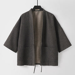 Buddha Stones Fall Casual Minimalist Drawstring Solid Cotton Linen Men's Kimono With Pockets - DimGray - US/UK/AU54，EU64 (9XL) - image 0