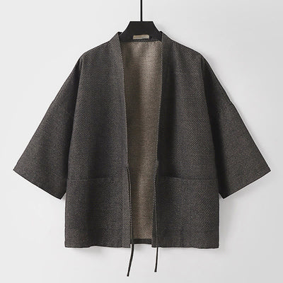Buddha Stones Fall Casual Minimalist Drawstring Solid Cotton Linen Men's Kimono With Pockets - DimGray - US/UK/AU54，EU64 (9XL) - image 0