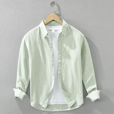 Buddha Stones Spring Fall Casual Minimalist Button-Up Solid Ramie Men's Long Sleeve Shirts - MintCream - US/UK/AU42，EU52 (3XL) - image 9