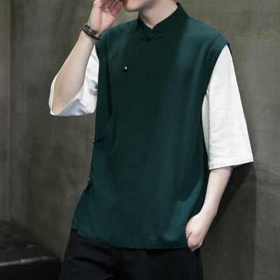 Buddha Stones Summer Tang Style Casual Mandarin Collar Frog Button Solid Tank Top Men's Short Sleeve Shirts - image 3