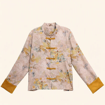 Buddha Stones Fall Vintage Tang Style Frog Button Golden Floral Women's Jacket - image 5