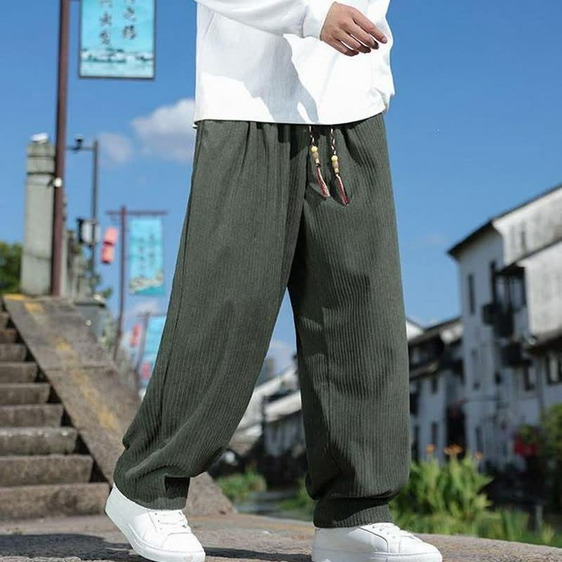 Buddha Stones Fall Winter Casual Vintage Drawstring Solid Corduroy Ankle Pants Men's Straight Leg Pants With Pockets - image 3