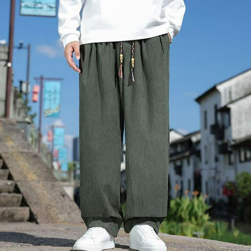 Buddha Stones Fall Winter Casual Vintage Drawstring Solid Corduroy Ankle Pants Men's Straight Leg Pants With Pockets - image 2
