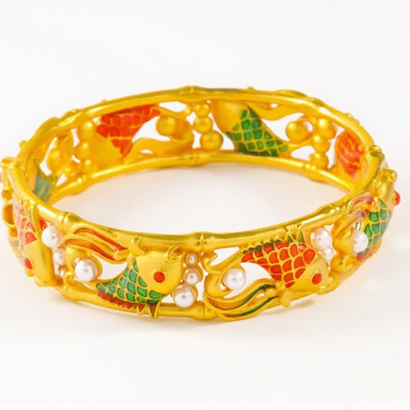 Buddha Stones Gold-Plated Brass Koi Fish Success Vintage Chinese Cuff Bracelet Bangle - image 10