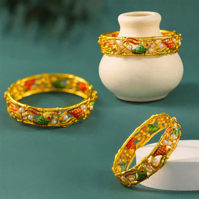 Buddha Stones Gold-Plated Brass Koi Fish Success Vintage Chinese Cuff Bracelet Bangle - image 8