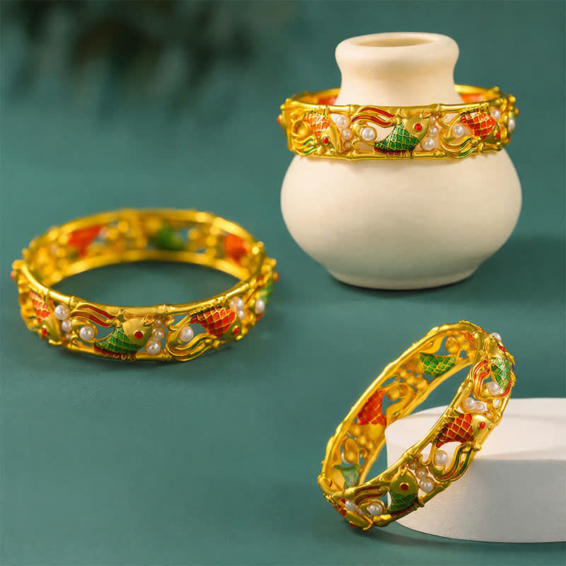 Buddha Stones Gold-Plated Brass Koi Fish Success Vintage Chinese Cuff Bracelet Bangle - image 8