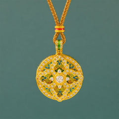 Buddha Stones Gourd Gold Plated Brass Energy Round Pendant Necklace - Golden Rope - image 0