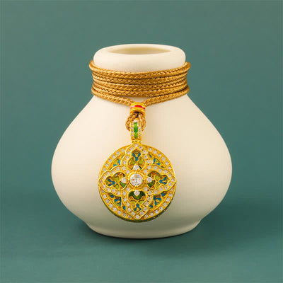 Buddha Stones Gourd Gold Plated Brass Energy Round Pendant Necklace - image 1