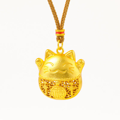 Buddha Stones Gold Plated Brass Fu Character Lucky Cat Blessing Braided Rope Necklace - image 10