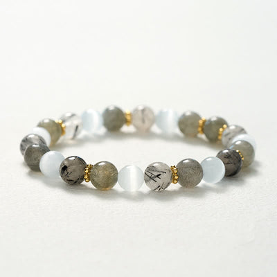 Buddha Stones White Cat's Eye Moonstone Black Rutilated Quartz Beads Abundance Bracelet - image 10