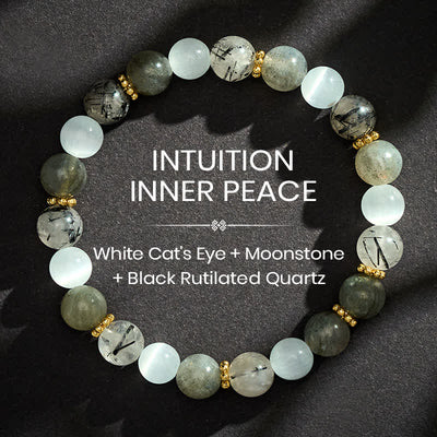 Buddha Stones White Cat's Eye Moonstone Black Rutilated Quartz Beads Abundance Bracelet - 8mm - image 0