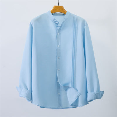 Buddha Stones Fall Tang Style Casual Mandarin Collar Button-Up Solid Men's Long Sleeve Shirts - image 1