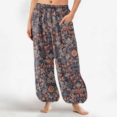 Buddha Stones Cotton Vintage Floral Paisley Pattern Women's Elastic Waist Harem Pants With Side Pockets - SaddleBrown - US16，UK/AU20，EU48 (3XL) - image 0