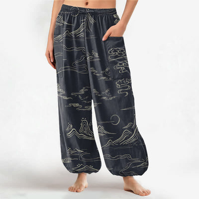 Buddha Stones Cotton Oriental Mountain Cloud Pattern Women's Elastic Waist Harem Pants With Side Pockets - Black - US16，UK/AU20，EU48 (3XL) - image 0