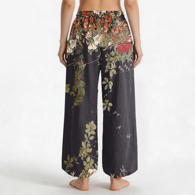 Buddha Stones Cotton Vintage Red Peony Flower Vine Pattern Women's Elastic Waist Harem Pants With Side Pockets - image 2