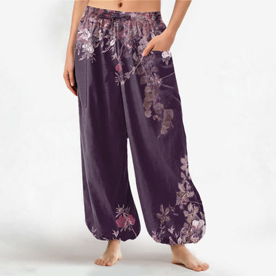 Buddha Stones Cotton Vintage Red Peony Flower Vine Pattern Women's Elastic Waist Harem Pants With Side Pockets - Purple - US16，UK/AU20，EU48 (3XL) - image 8