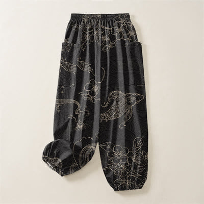 Buddha Stones Cotton Koi Fish Floral Pattern Women's Elastic Waist Harem Pants With Side Pockets - image 4