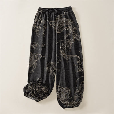 Buddha Stones Cotton Koi Fish Floral Pattern Women's Elastic Waist Harem Pants With Side Pockets - image 3