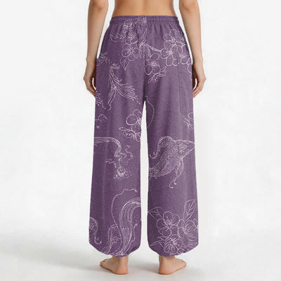 Buddha Stones Cotton Koi Fish Floral Pattern Women's Elastic Waist Harem Pants With Side Pockets - image 9